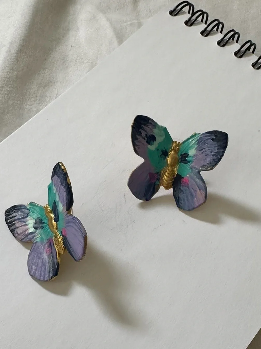 Hand Crafted Purple, Teal & Gold Butterfly Stud Earrings - Picture 2 of 4